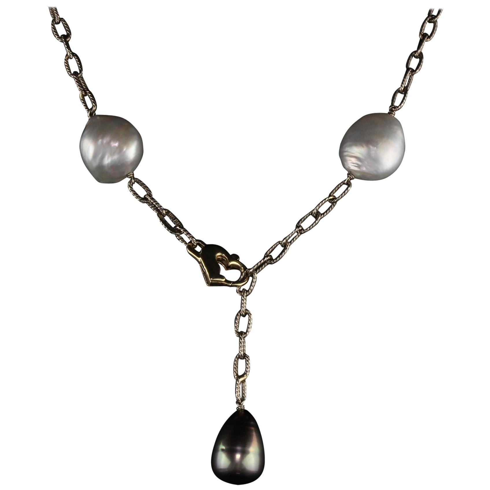 Vintage Estate 14 Karat White Gold Tahitian and South Sea Pearl Necklace For Sale