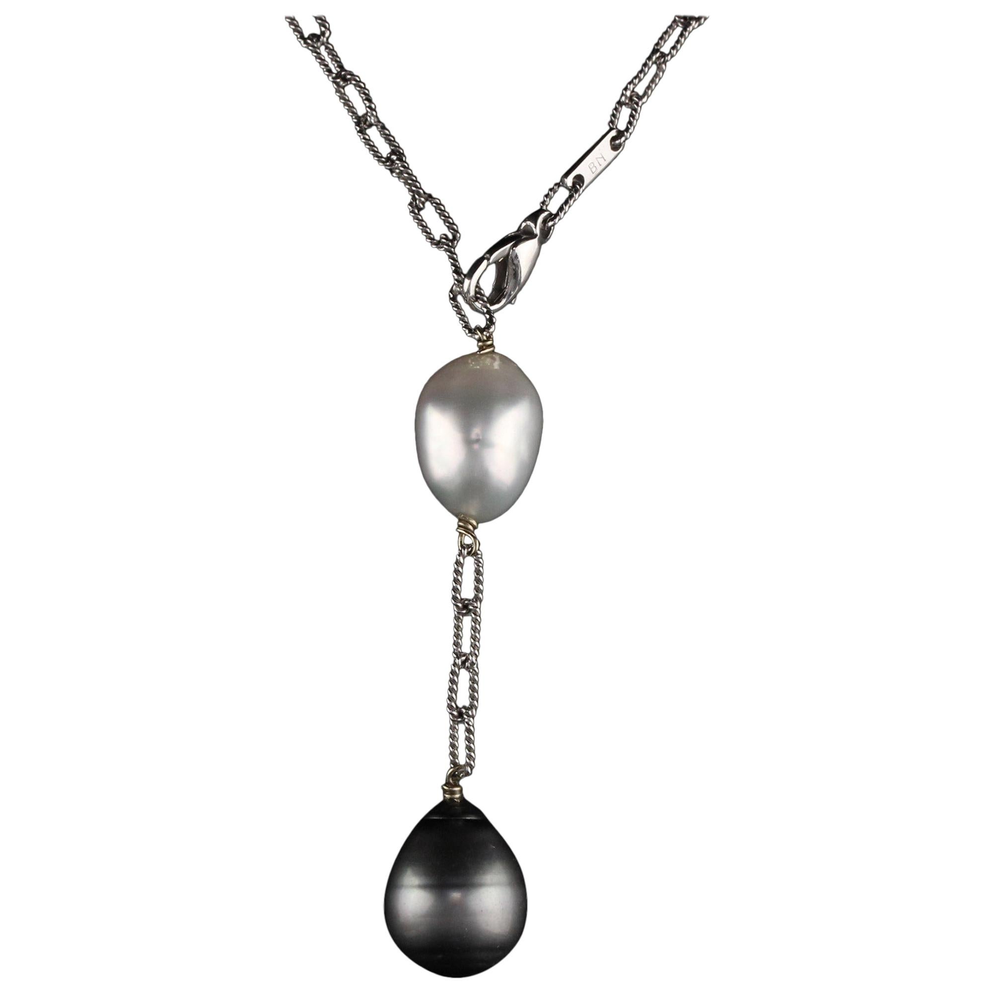 Vintage Estate 14 Karat White Gold Tahitian and South Sea Pearl Necklace For Sale