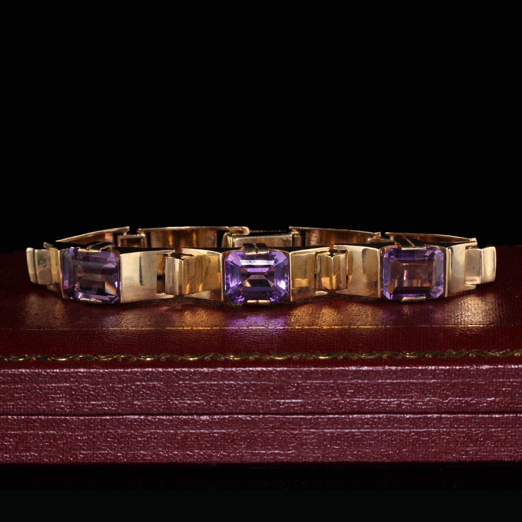 Bold and beautiful vintage gold & amethyst bracelet!

Metal: 14K Yellow Gold

Weight: 30.9 Grams

Gemstone Weight: Approximately 18 cts of amethyst

Measurements: Length measures 7.25 inches. Width measures 11.51 mm.