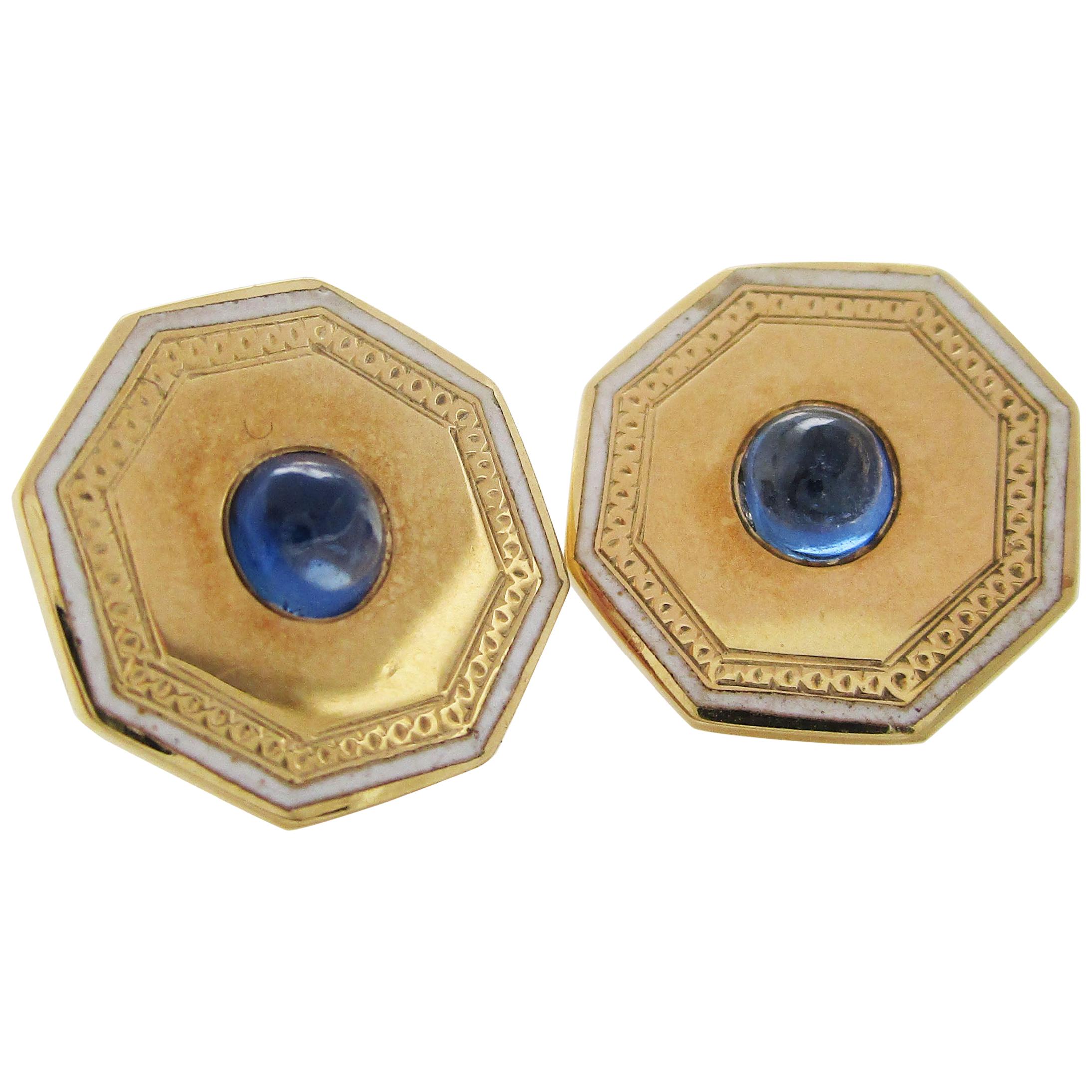 Vintage Estate 14 Karat Yellow Gold Blue Sapphire White Enamel Stud Earrings