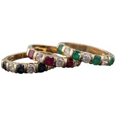 Vintage Estate 14 Karat Yellow Gold Diamond Ruby Sapphire Emerald Stacking Rings