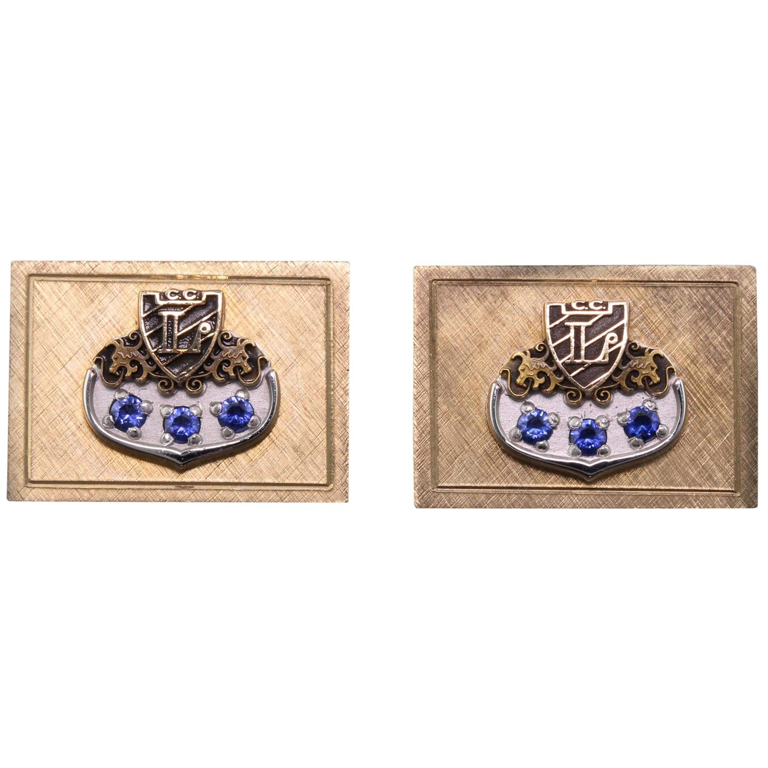 Vintage Estate 14 Karat Yellow Gold, Enamel and Sapphire 'L' Initial Cufflinks For Sale