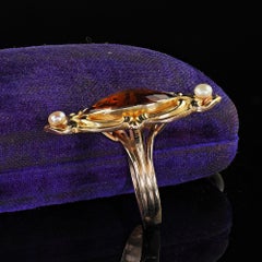 Vintage Estate 14K and 18K Yellow Gold Marquise Citrine and Pearl Shield Ring