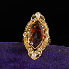 Vintage Estate 14K and 18K Yellow Gold Marquise Citrine and Pearl Shield Ring
