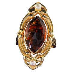 Vintage Estate 14K and 18K Yellow Gold Marquise Citrine and Pearl Shield Ring