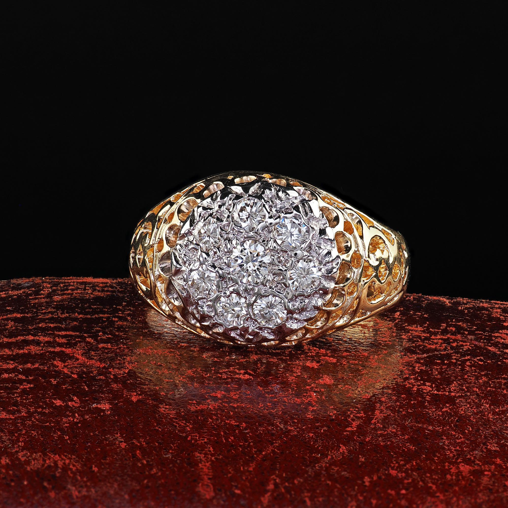 Beautiful Vintage Estate 14K Two Tone Gold Round Cut Diamond Cluster Cocktail Ring. This beautiful vintage estate diamond cluster cocktail ring is crafted in 14k yellow and white gold. This ring features round cut diamonds set on top of a vintage