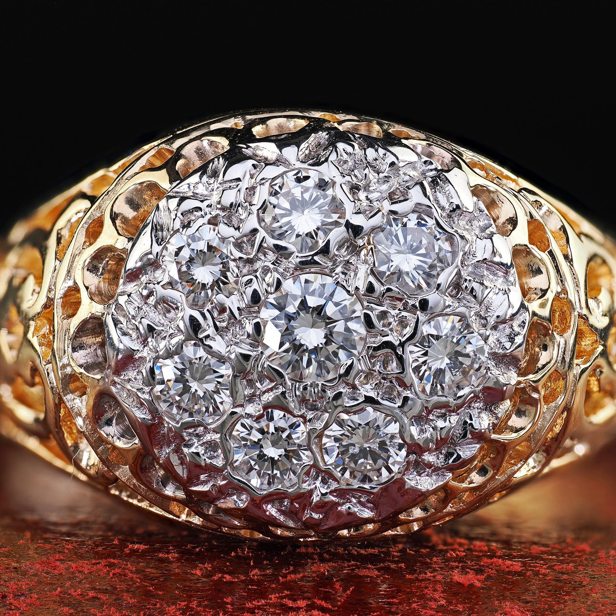 Women's Vintage Estate 14K Two Tone Gold Round Cut Diamond Cluster Cocktail Ring For Sale