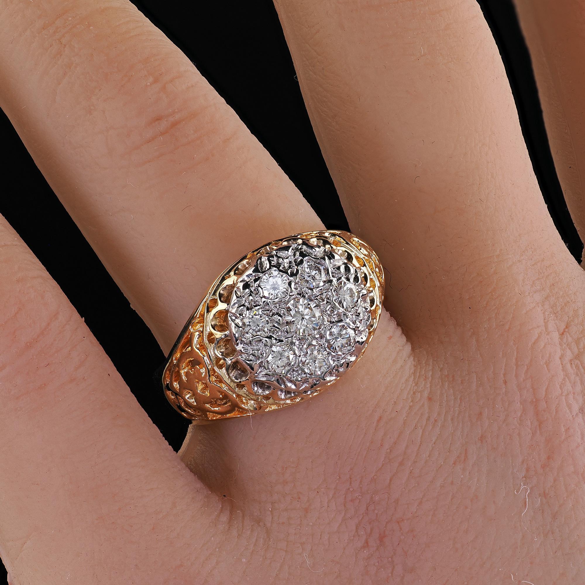 Vintage Estate 14K Two Tone Gold Round Cut Diamond Cluster Cocktail Ring For Sale 4
