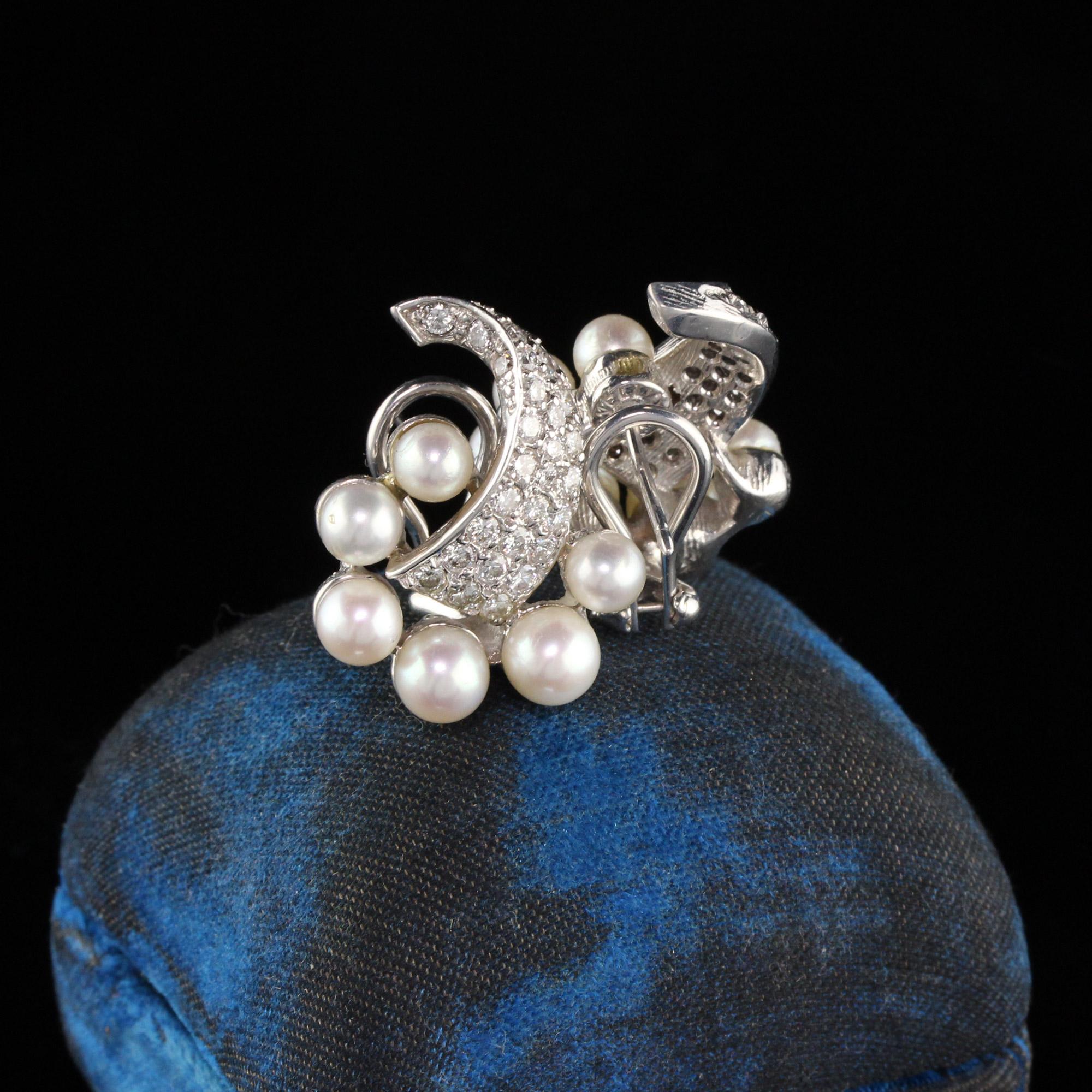 Modern Vintage Estate 14 Karat White Gold Diamond and Pearl Earrings For Sale