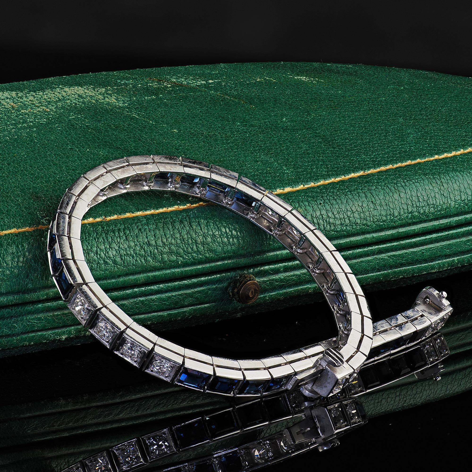 Contemporary Vintage Estate 14K White Gold Diamond and Sapphire Line Bracelet - 7 1/4 inches