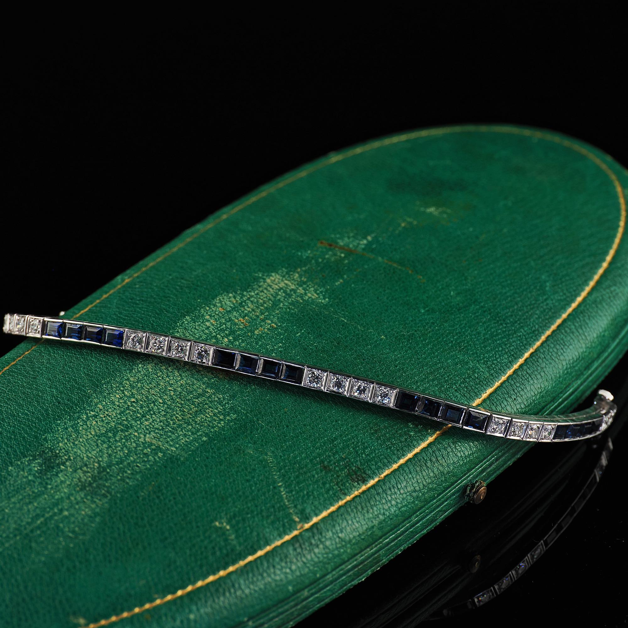 Round Cut Vintage Estate 14K White Gold Diamond and Sapphire Line Bracelet - 7 1/4 inches