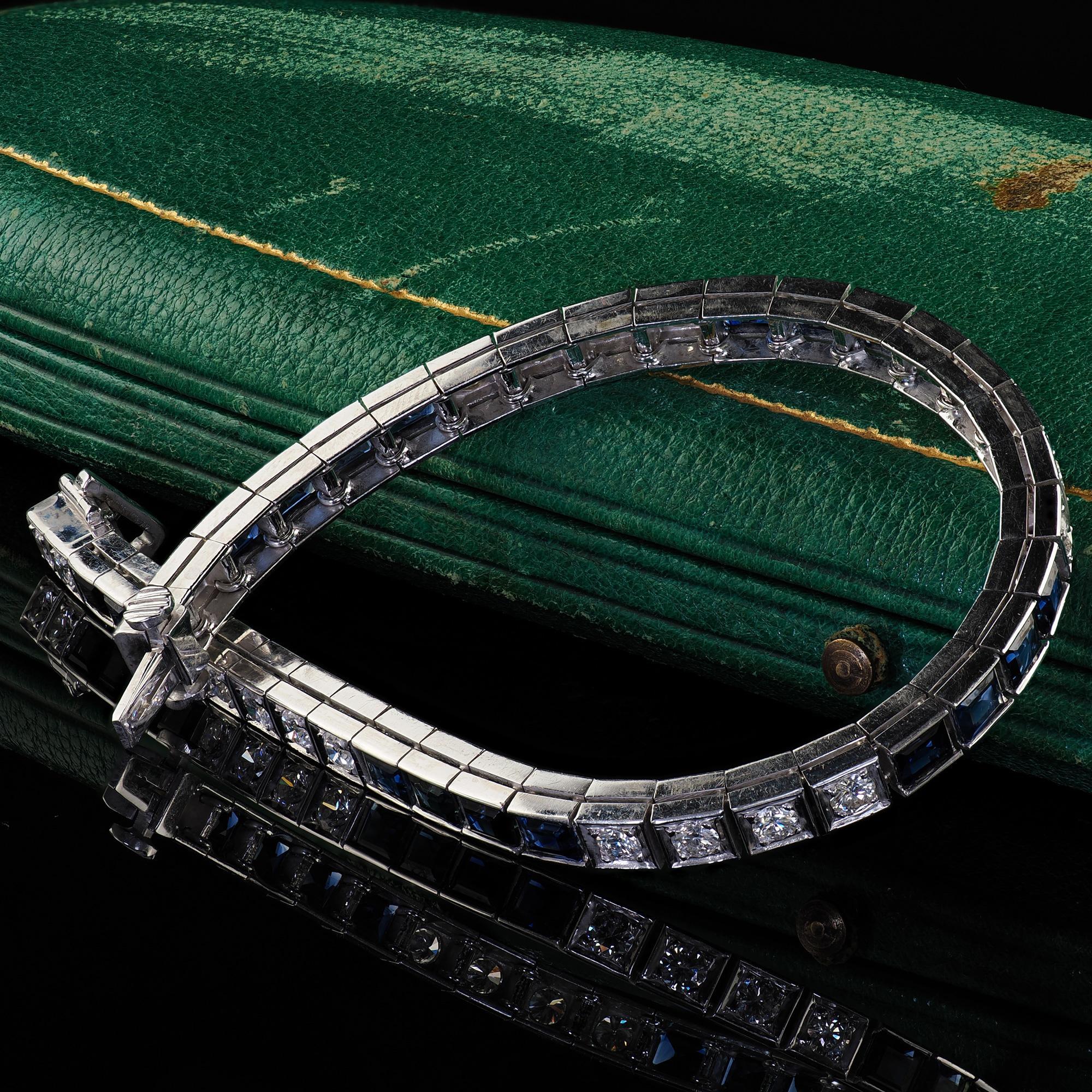 Vintage Estate 14K White Gold Diamond and Sapphire Line Bracelet - 7 1/4 inches In Good Condition In Great Neck, NY
