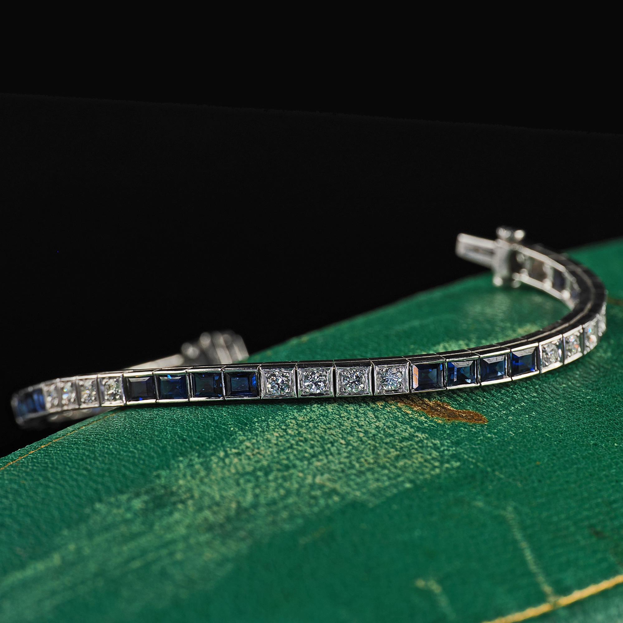 Women's Vintage Estate 14K White Gold Diamond and Sapphire Line Bracelet - 7 1/4 inches
