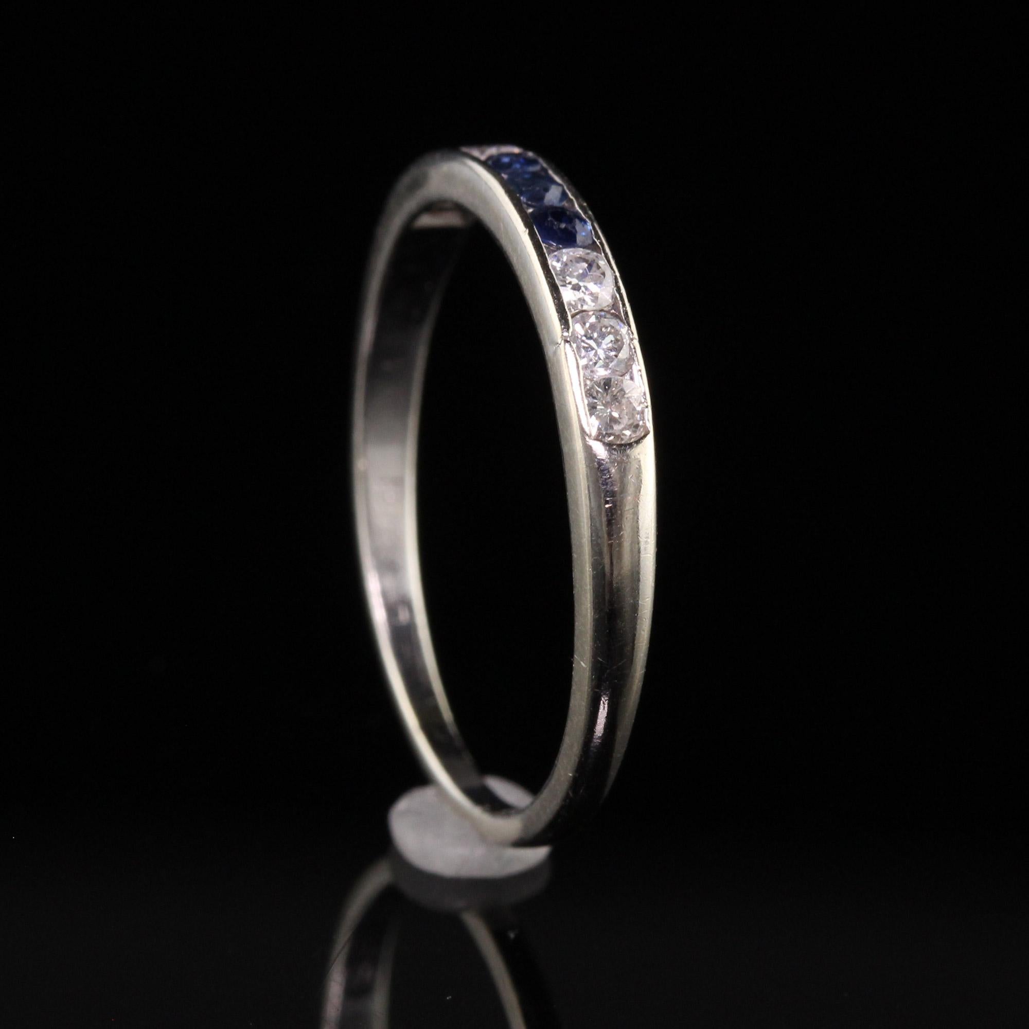 Round Cut Vintage Estate 14K White Gold Diamond and Sapphire Wedding Band