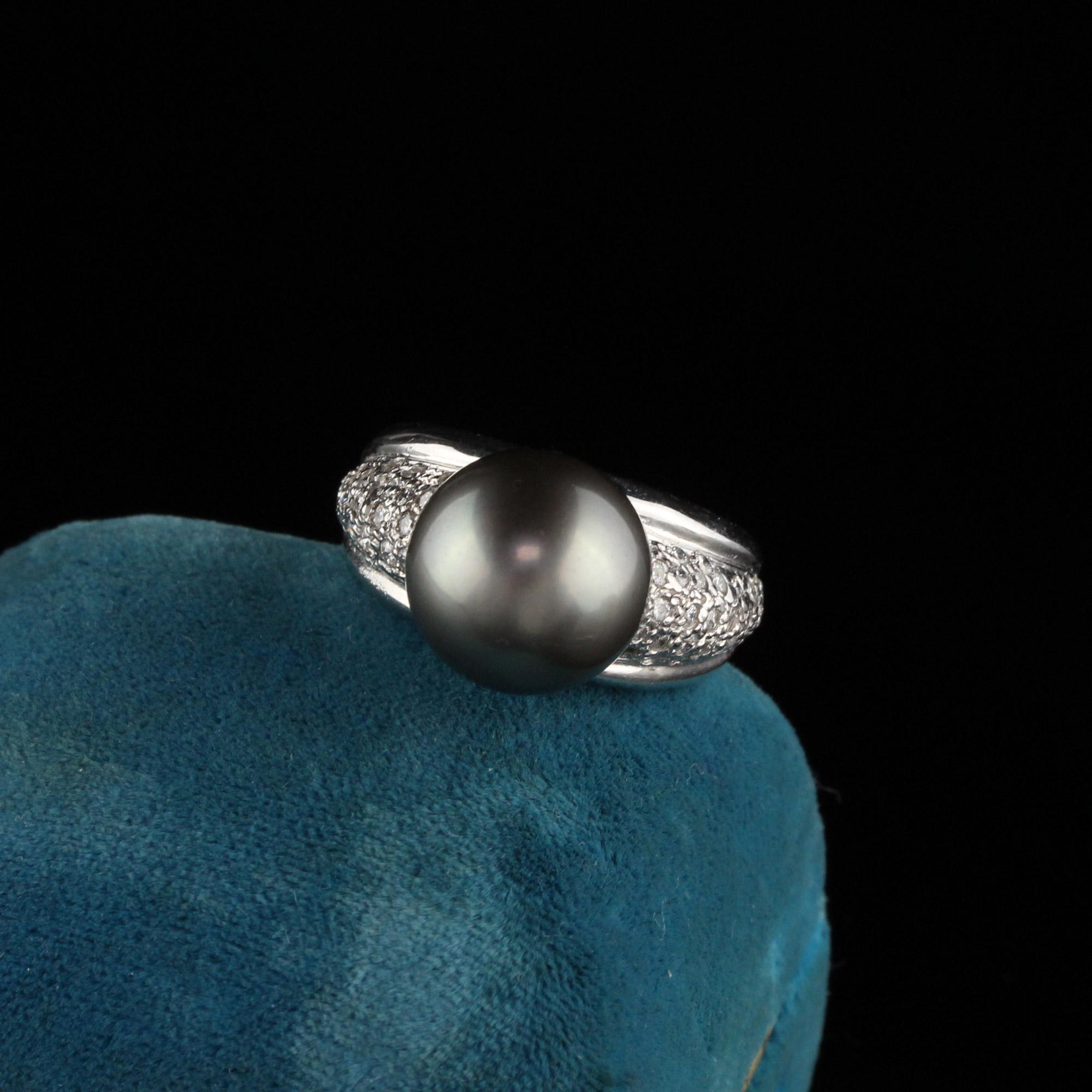 Beautiful Diamond and Tahitian Pearl Ring.

Metal: White Gold

Weight: 12.6 Grams

Total Diamond Weight: Approximately 1 cts

Diamond Color: H

Diamond Clarity: SI1

Pearl Measurements: 12.2 mm

Ring Size: 7 (sizable)

Measurements: 10.6 x 14.9 mm
