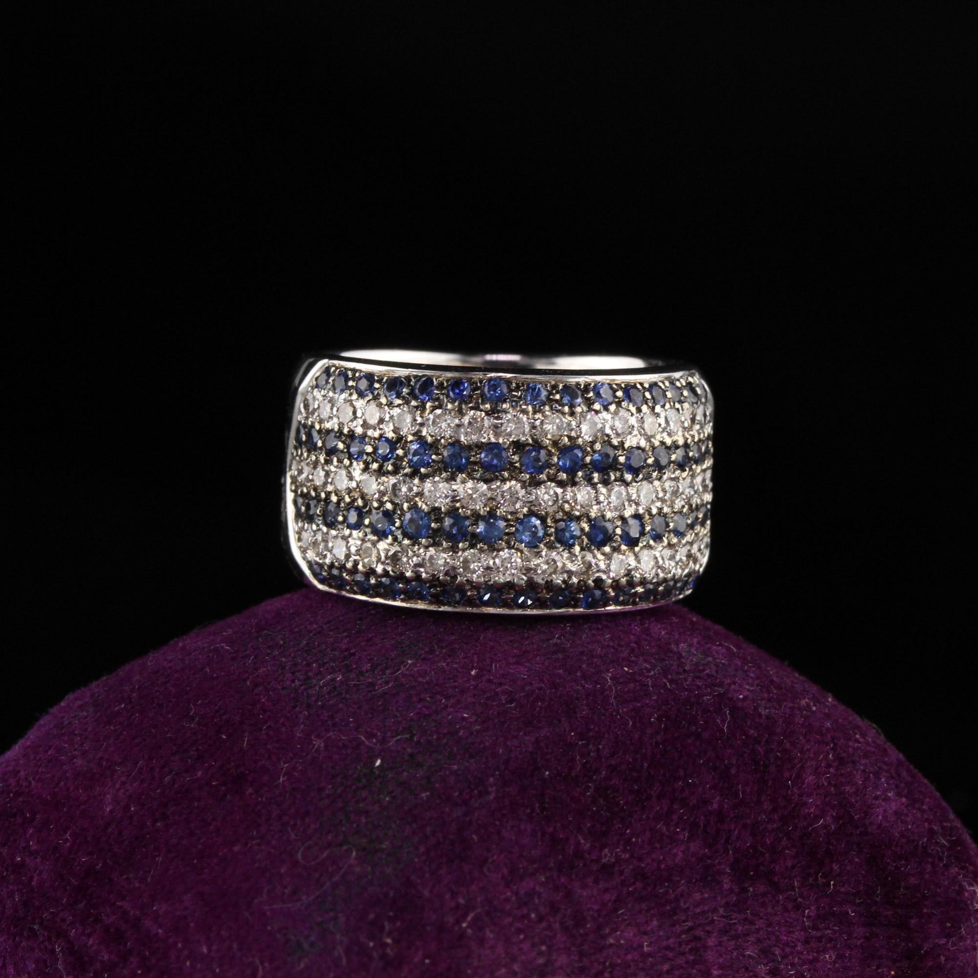Beautiful 14K White Gold wide band with 7 rows of alternating diamonds and blue sapphire. Perfect for day to night!

Metal: 14K White Gold

Weight: 12.6 Grams

Diamond Weight: Approximately 0.50 cts

Diamond Color: I

Diamond Clarity: SI2

Sapphire