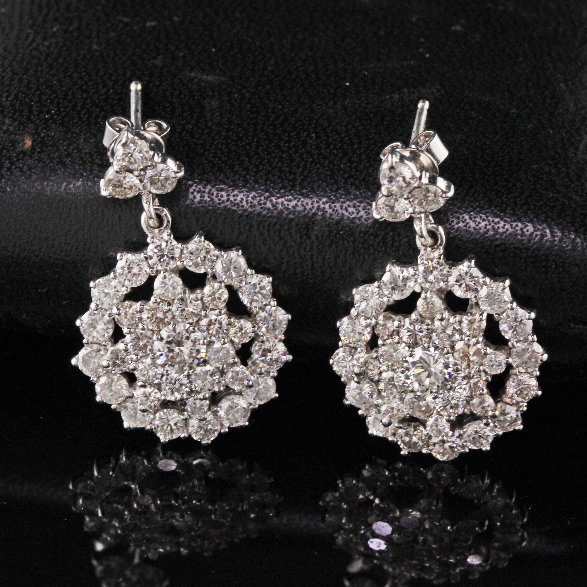 Modern Vintage Estate 14 Karat White Gold Diamond Cluster Earrings For Sale