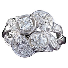 Bague cocktail vintage de succession en or blanc 14 carats avec diamants taille ancienne