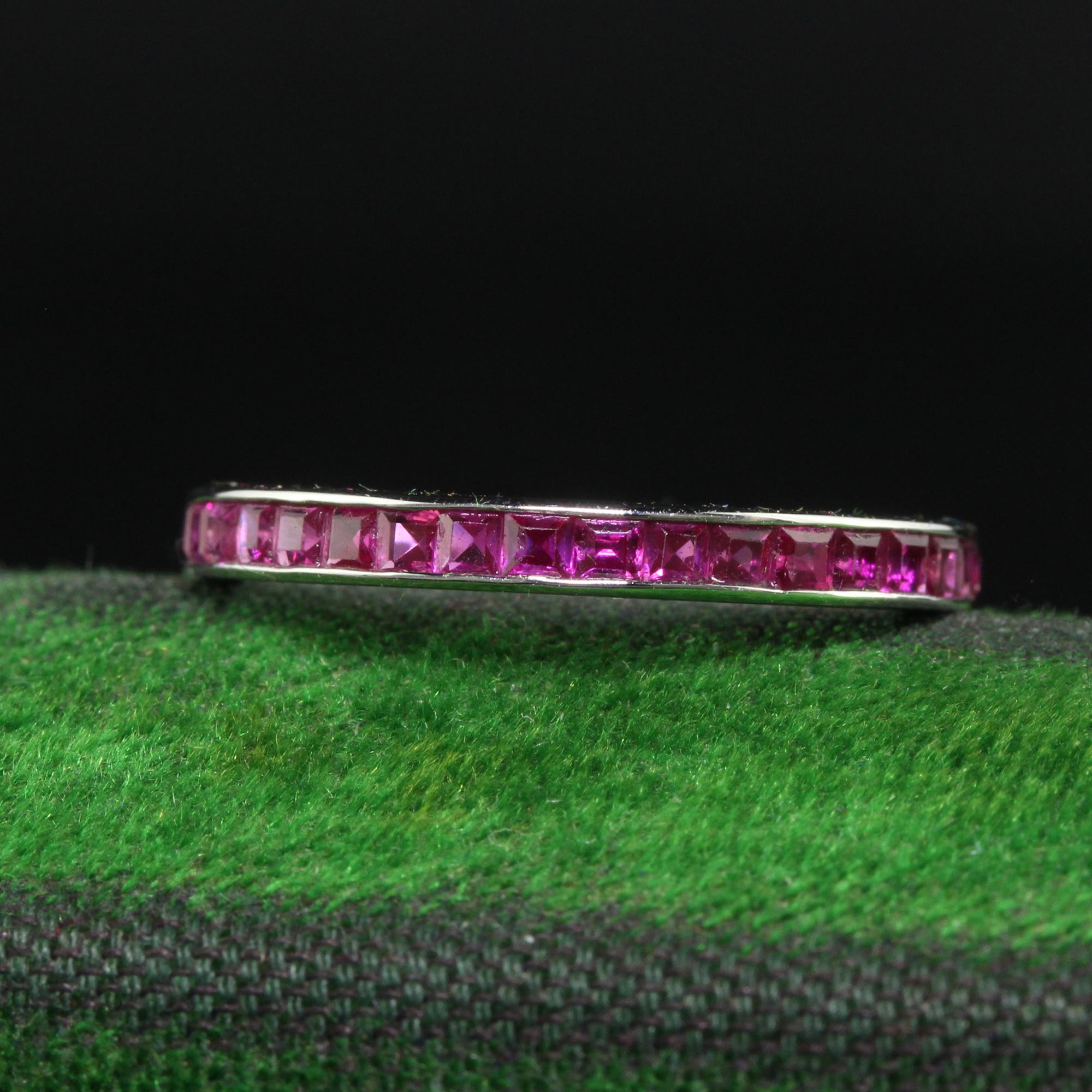 Beautiful Vintage Estate 14K White Gold Square Cut Ruby Eternity Band - Size 6. This beautiful vintage ruby eternity band is crafted in white gold. The ring features gorgeous natural red rubies set around the entire band. The ring is in great