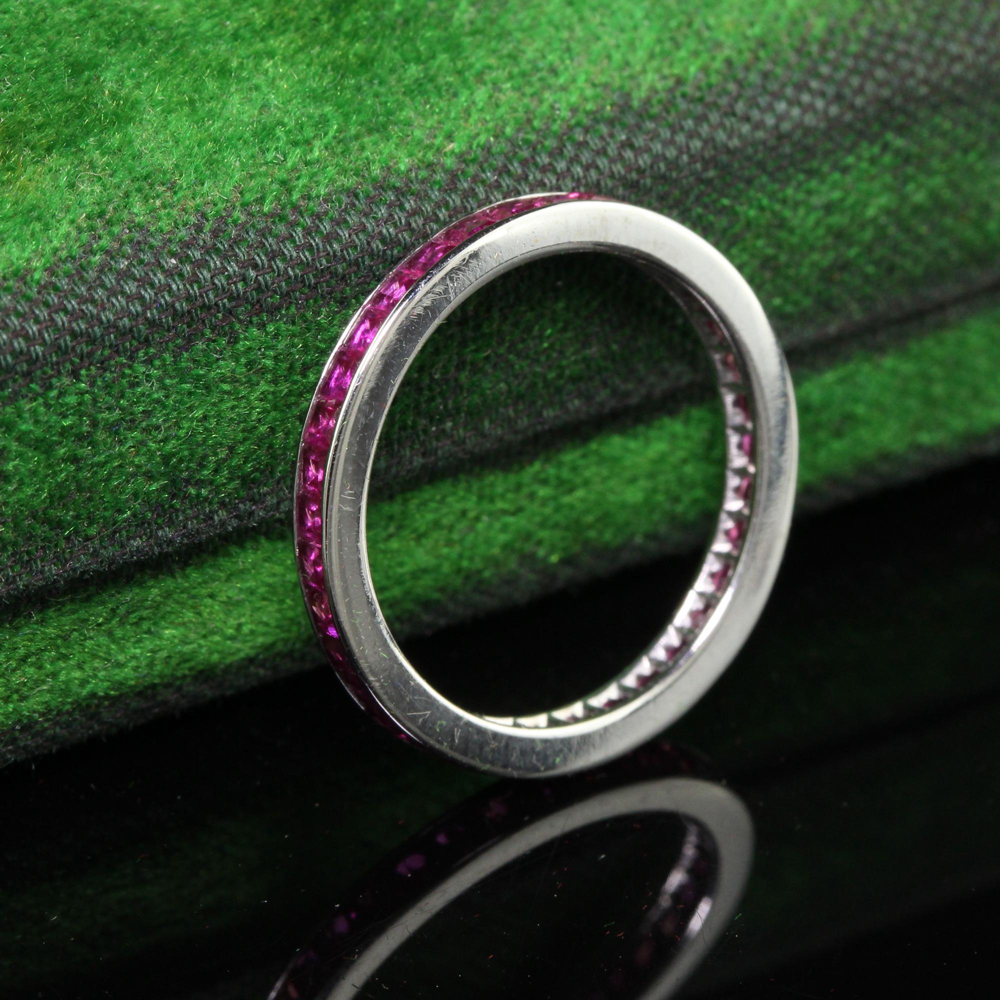 Contemporary Vintage Estate 14K White Gold Square Cut Ruby Eternity Band - Size 6 For Sale