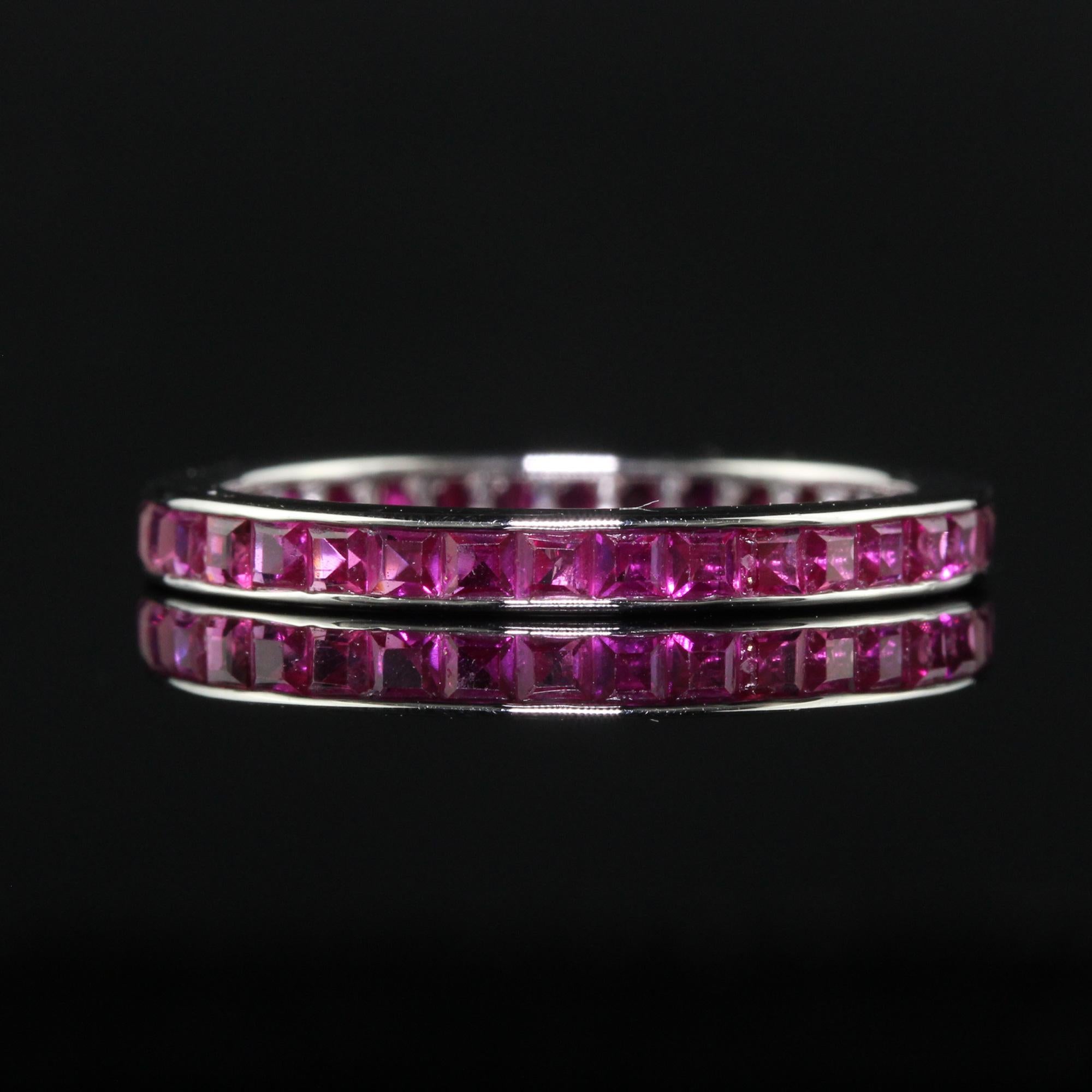 Women's Vintage Estate 14K White Gold Square Cut Ruby Eternity Band - Size 6 For Sale