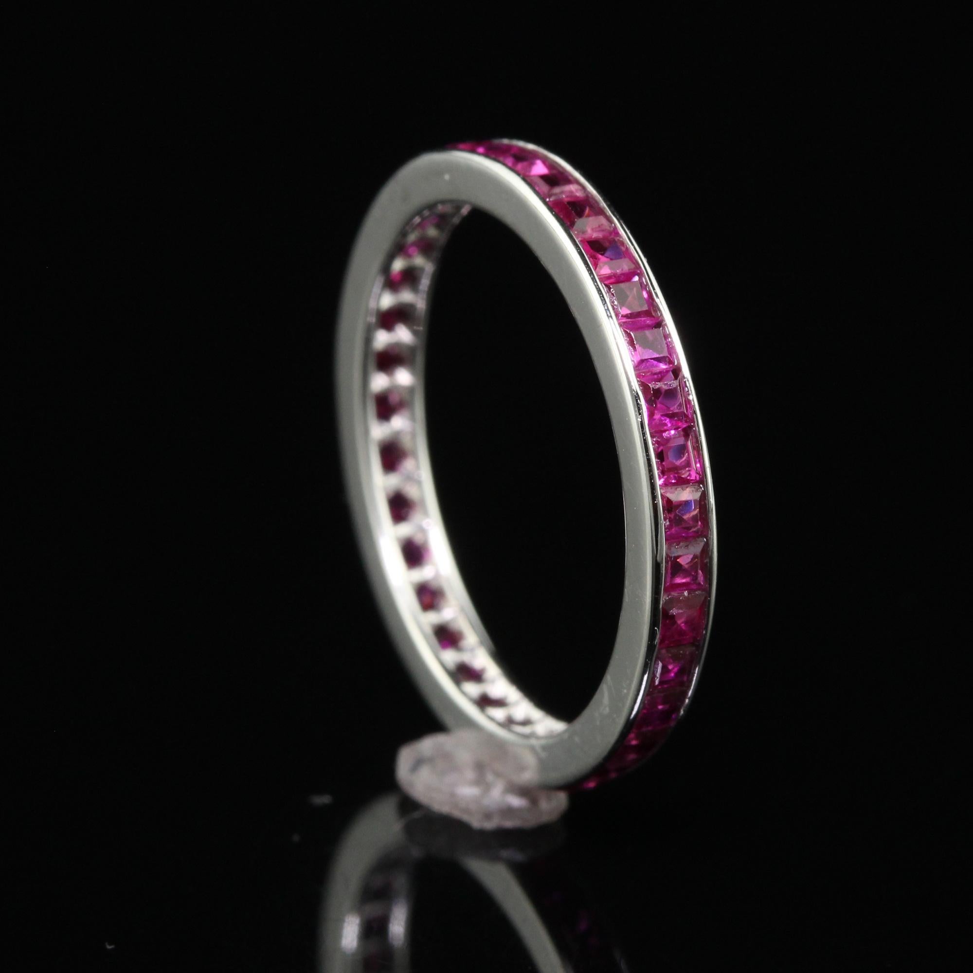 Vintage Estate 14K White Gold Square Cut Ruby Eternity Band - Size 6 For Sale 1