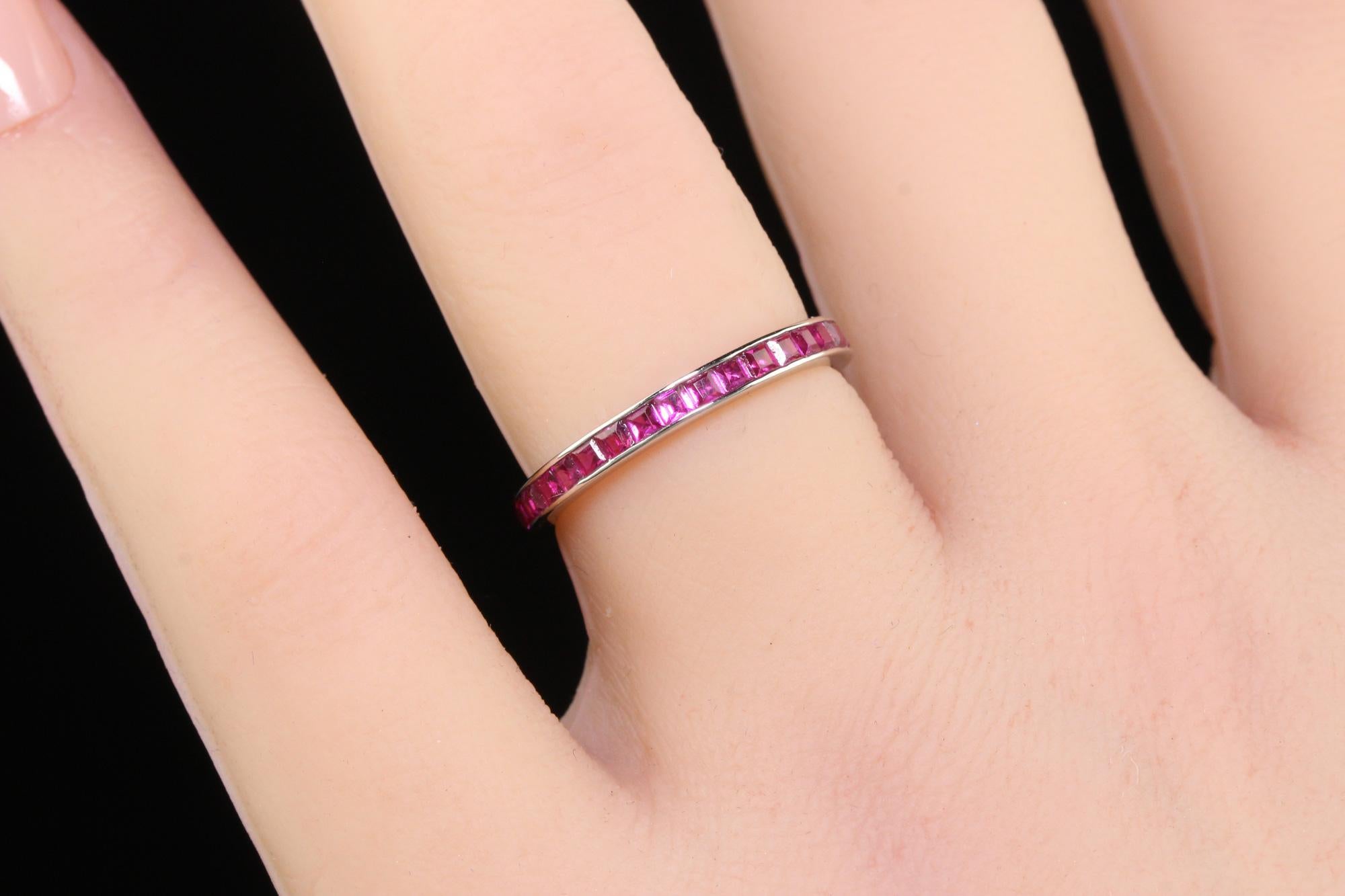 Vintage Estate 14K White Gold Square Cut Ruby Eternity Band - Size 6 For Sale 2