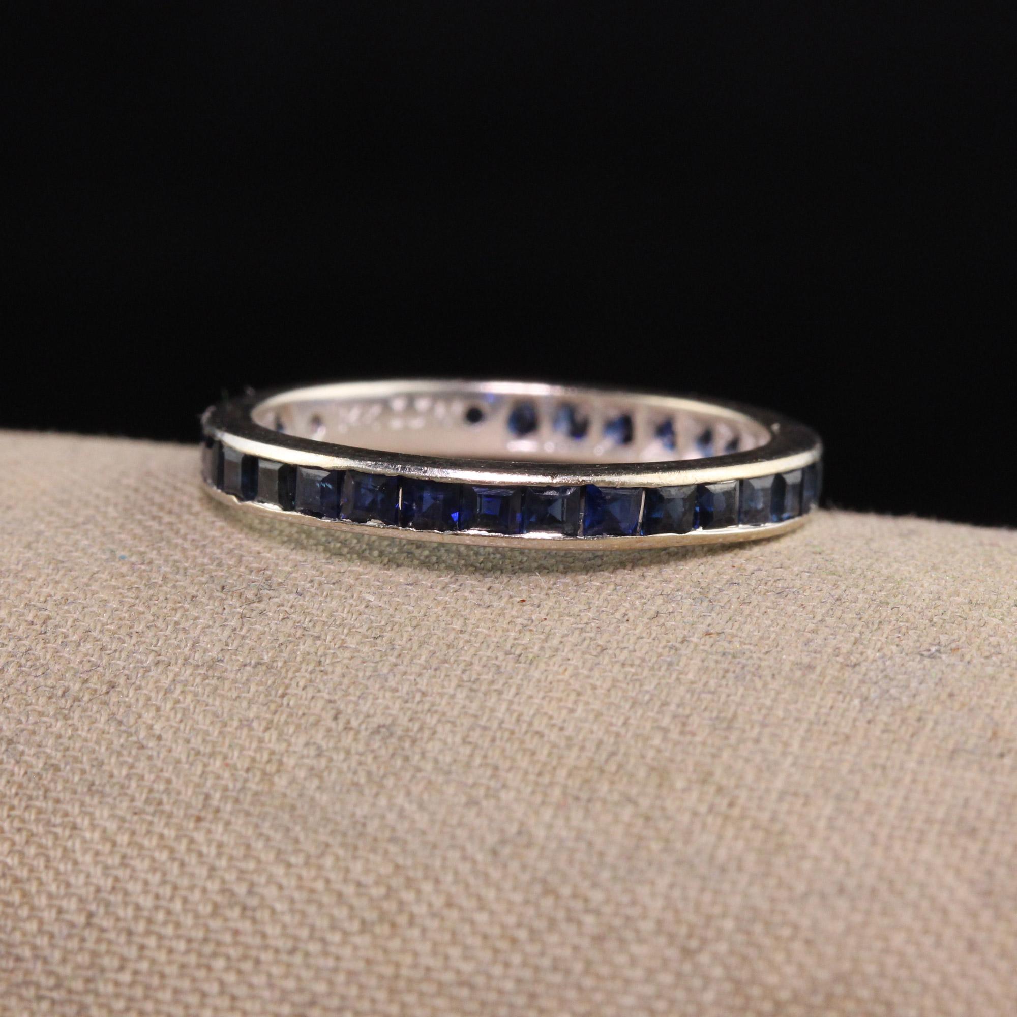 Beautiful Vintage Estate 14K White Gold Square Cut Sapphire Eternity Wedding Band. This wedding band is crafted in 14K white gold and has square cut blue sapphires going around the entire band.

Item #R1158

Metal: 14K White Gold

Weight: 1.5