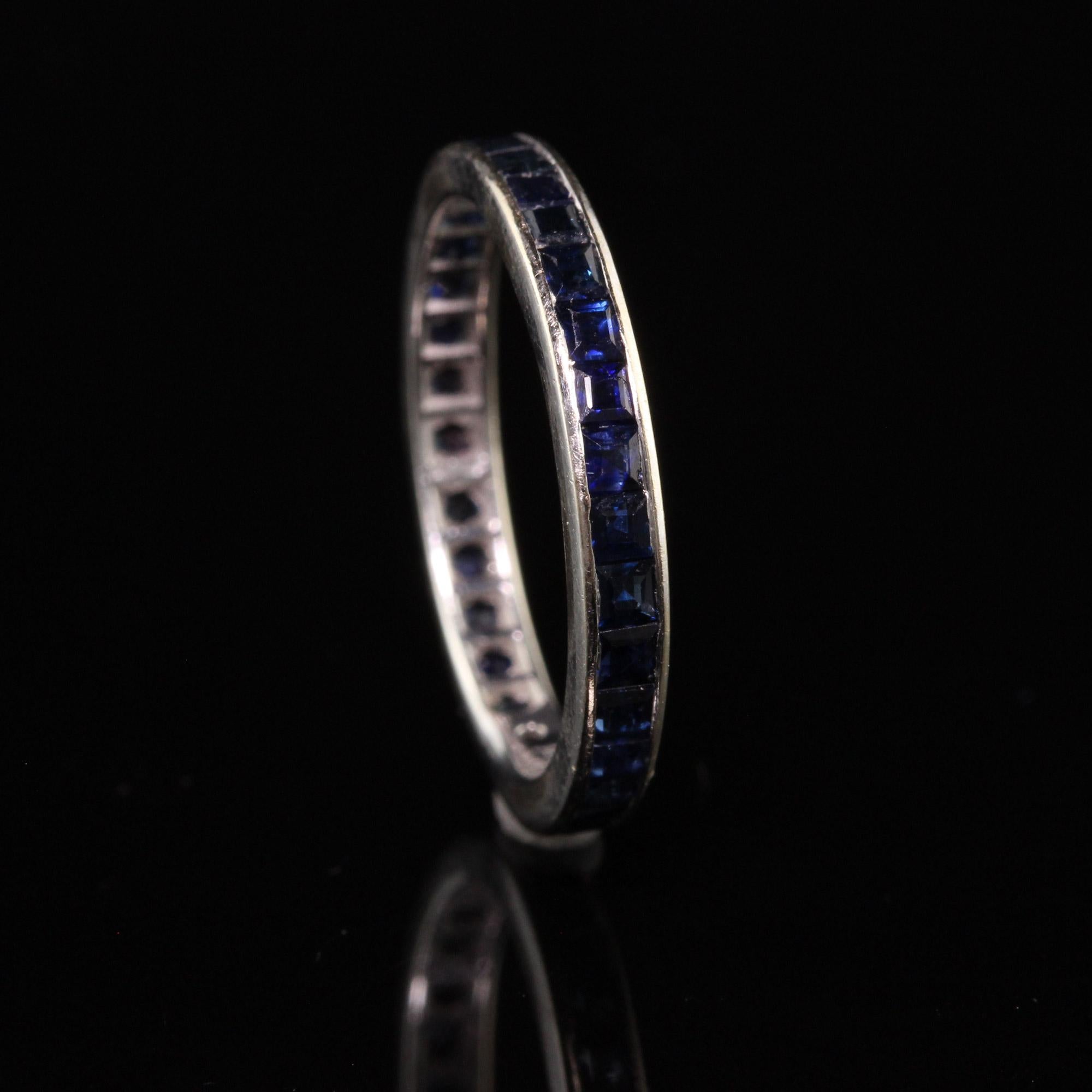 Vintage Estate 14k White Gold Square Cut Sapphire Eternity Wedding Band For Sale 1