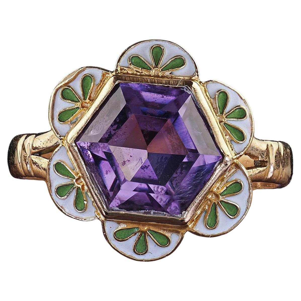 Anello Cocktail d'epoca in oro giallo 14K con ametista e smalto floreale