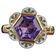 Anello Cocktail d'epoca in oro giallo 14K con ametista e smalto floreale