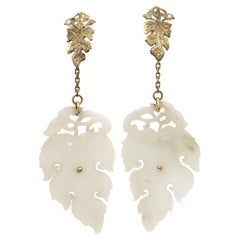 Vintage Estate 14k Gelbgold und chinesische Jade Figural-Blatt-Ohrringe