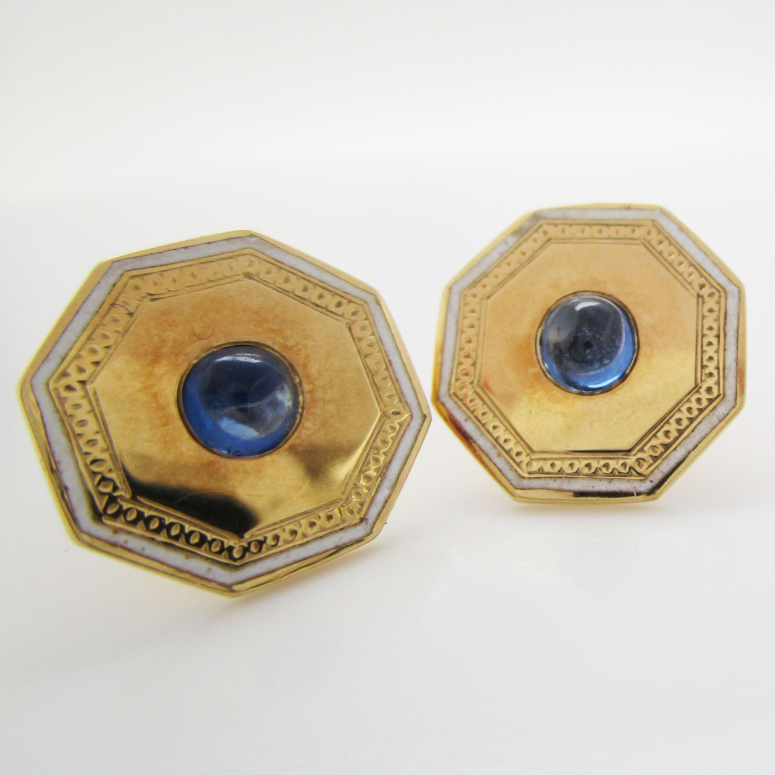 Cabochon Vintage Estate 14 Karat Yellow Gold Blue Sapphire White Enamel Stud Earrings