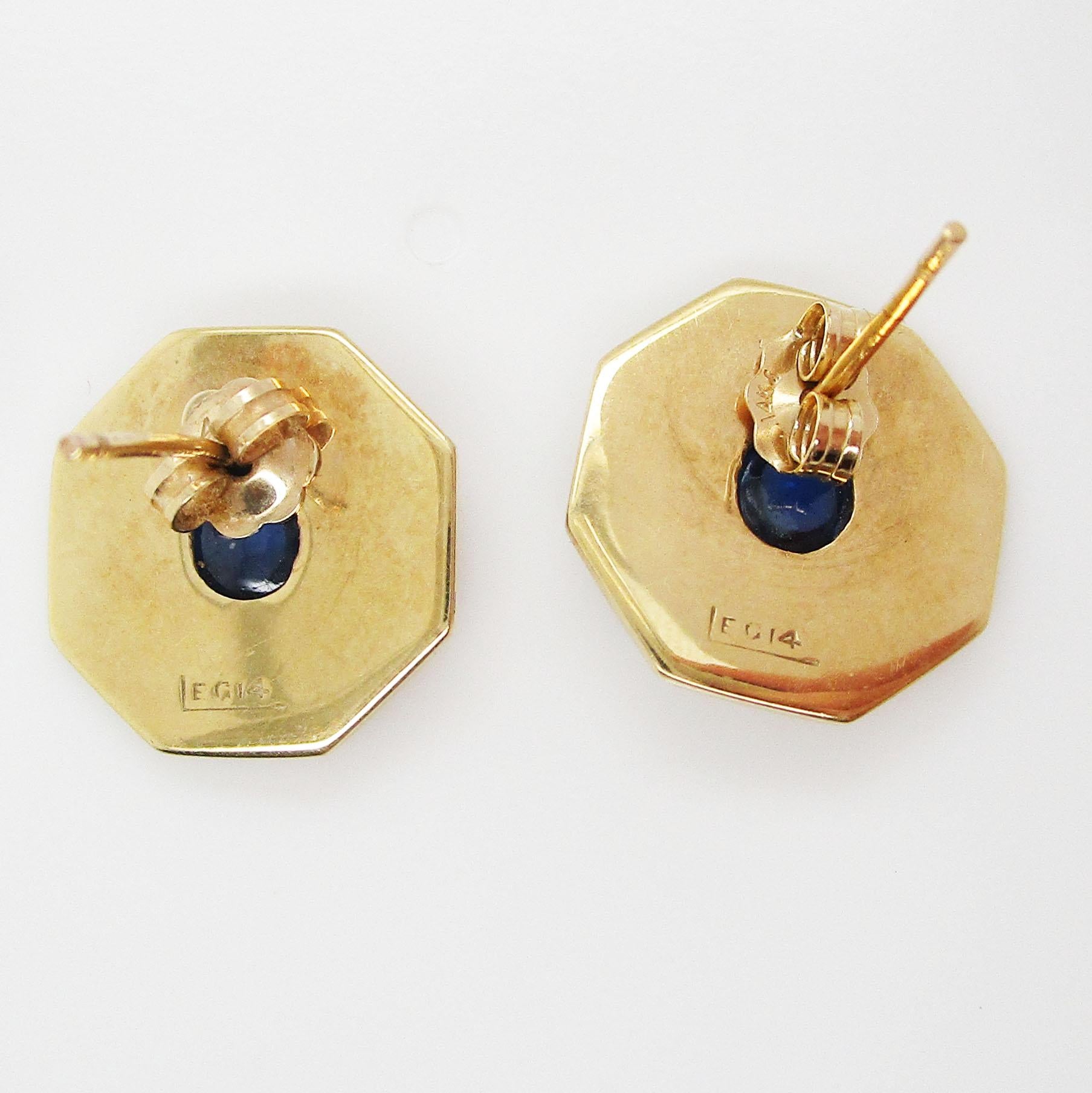 Women's Vintage Estate 14 Karat Yellow Gold Blue Sapphire White Enamel Stud Earrings