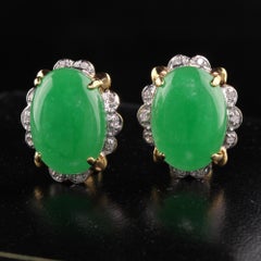 Vintage Estate 14K Yellow Gold Cabochon Jade and Diamond Earrings