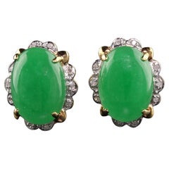 Vintage Estate 14K Yellow Gold Cabochon Jade and Diamond Earrings
