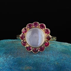 Vintage Estate 14K Yellow Gold Cat's Eye Moon Stone and Ruby Halo Ring