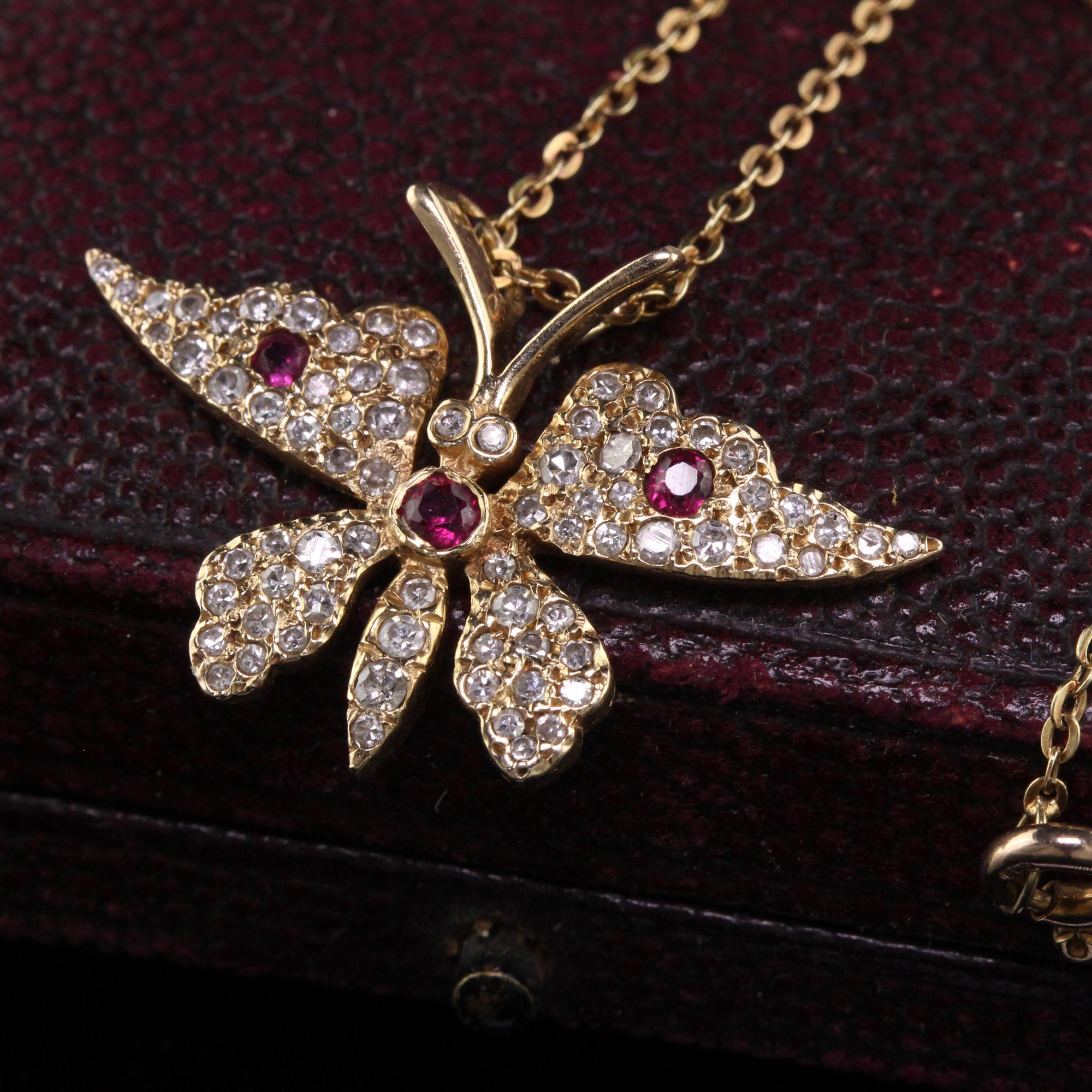 Contemporary Vintage Estate 14K Yellow Gold Diamond and Ruby Butterfly Pendant Necklace
