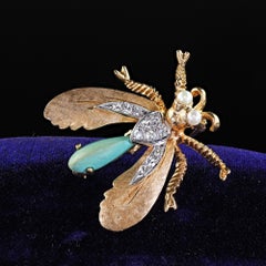 Vintage Estate 14K Yellow Gold Diamond and Turquoise Wasp Pin Brooch