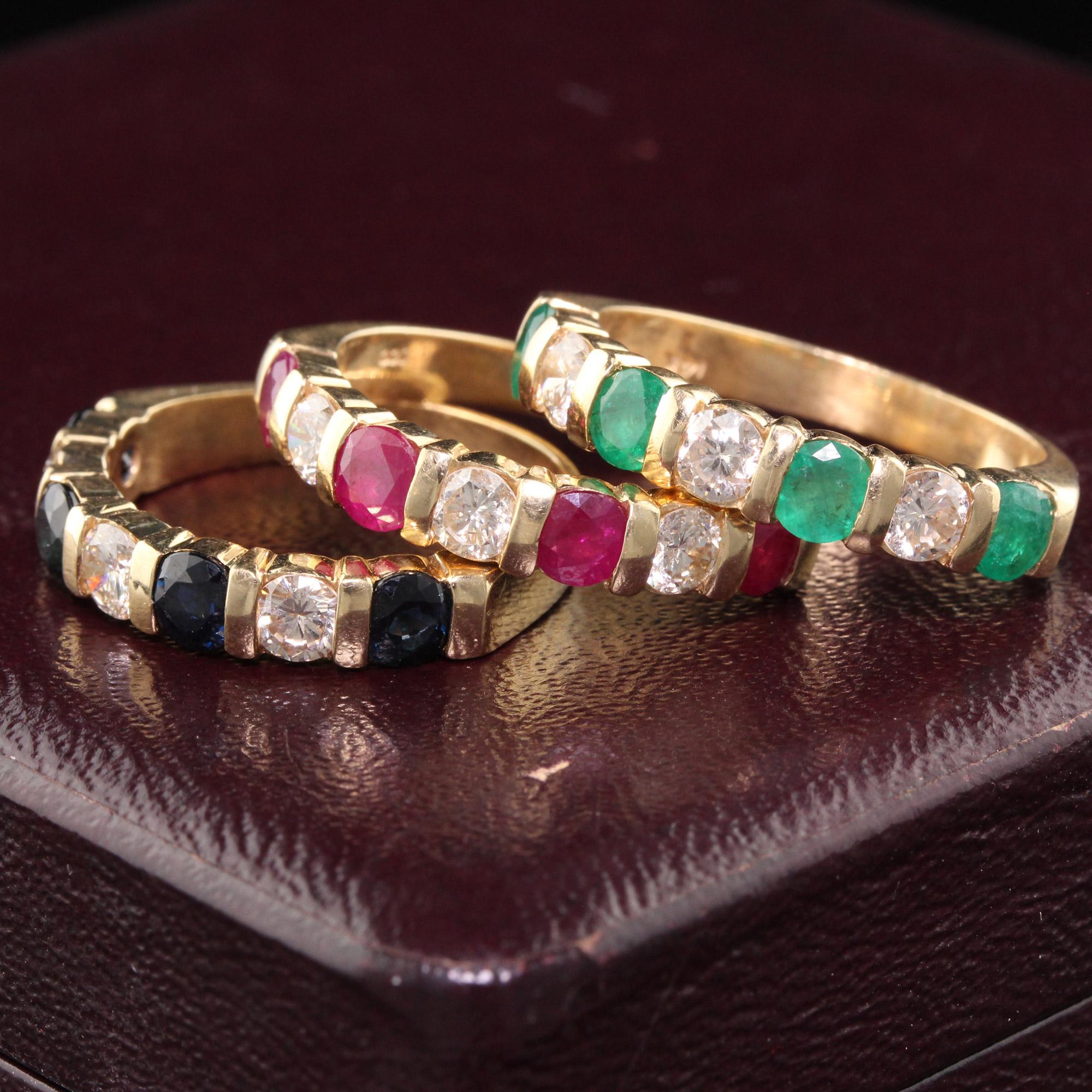Vintage Estate 14K Yellow Gold Diamond, Sapphire, Ruby & Emerald Stack Rings - Set of 3! Can be worn together or separately!

Metal: 14K Yellow Gold

Weight: 11.8 Grams

Total Diamond Weight: Approximately 1.50 cts

Diamond Color: J

Diamond