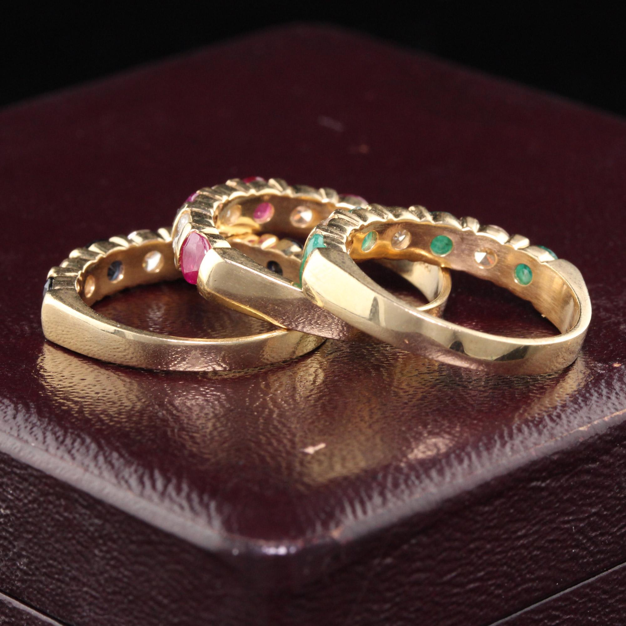Retro Vintage Estate 14 Karat Yellow Gold Diamond Ruby Sapphire Emerald Stacking Rings