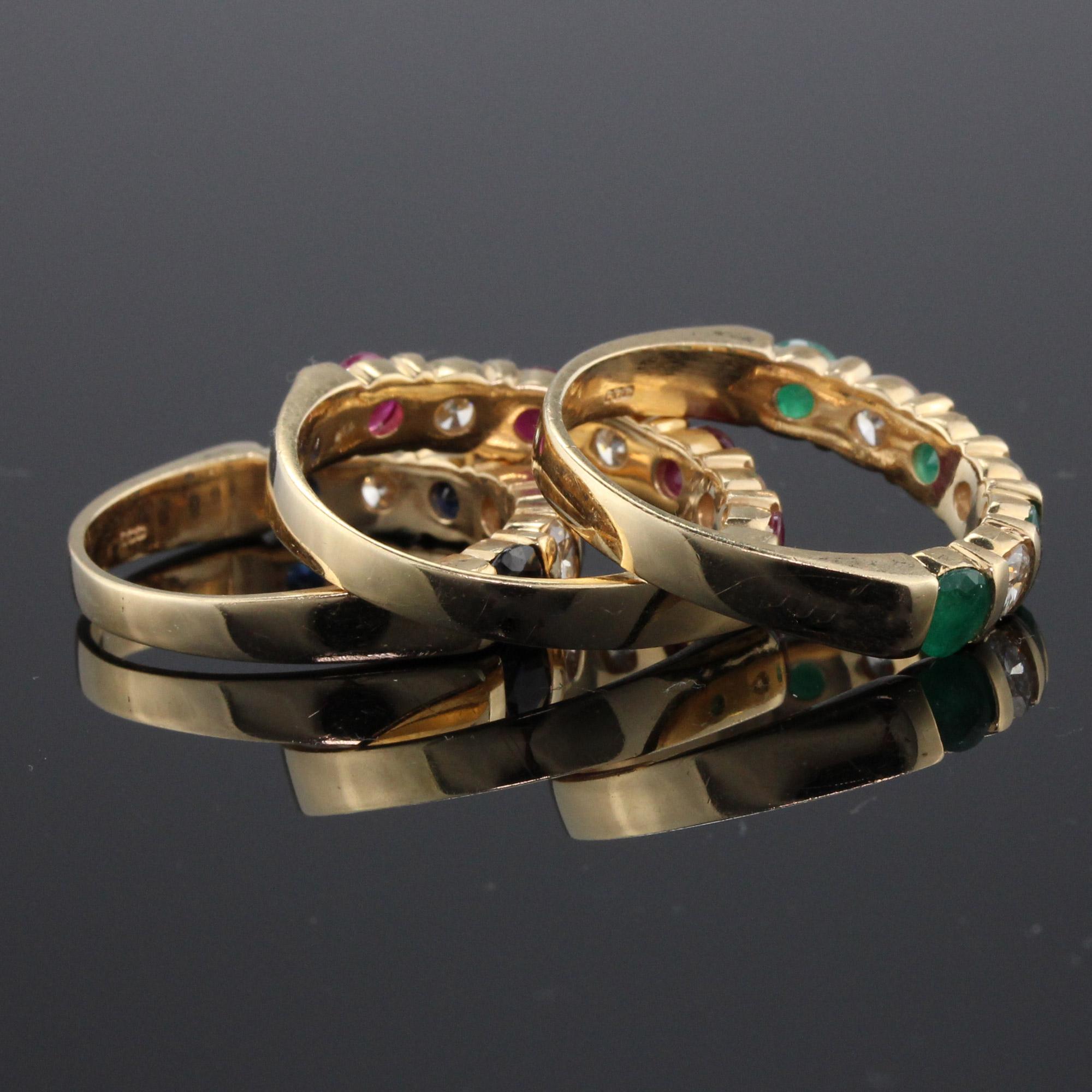 Vintage Estate 14 Karat Yellow Gold Diamond Ruby Sapphire Emerald Stacking Rings In Good Condition In Great Neck, NY