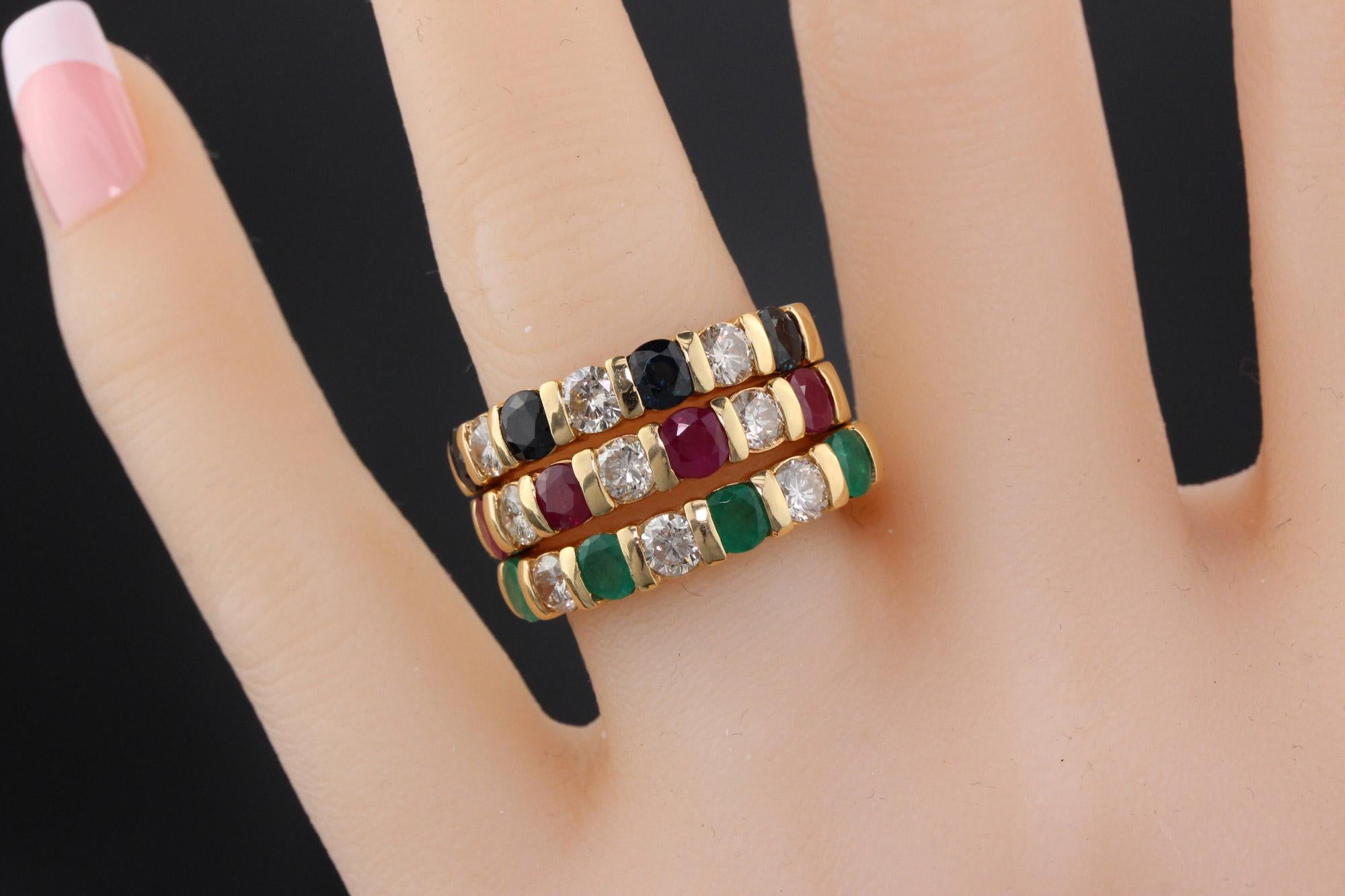 Women's Vintage Estate 14 Karat Yellow Gold Diamond Ruby Sapphire Emerald Stacking Rings