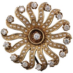 Vintage Estate 14 Karat Yellow Gold Diamond and Seed Pearl Brooch