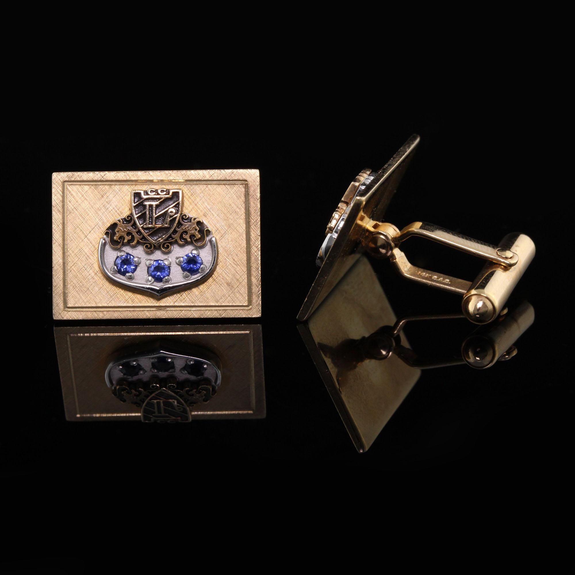 Retro Vintage Estate 14 Karat Yellow Gold, Enamel and Sapphire 'L' Initial Cufflinks For Sale