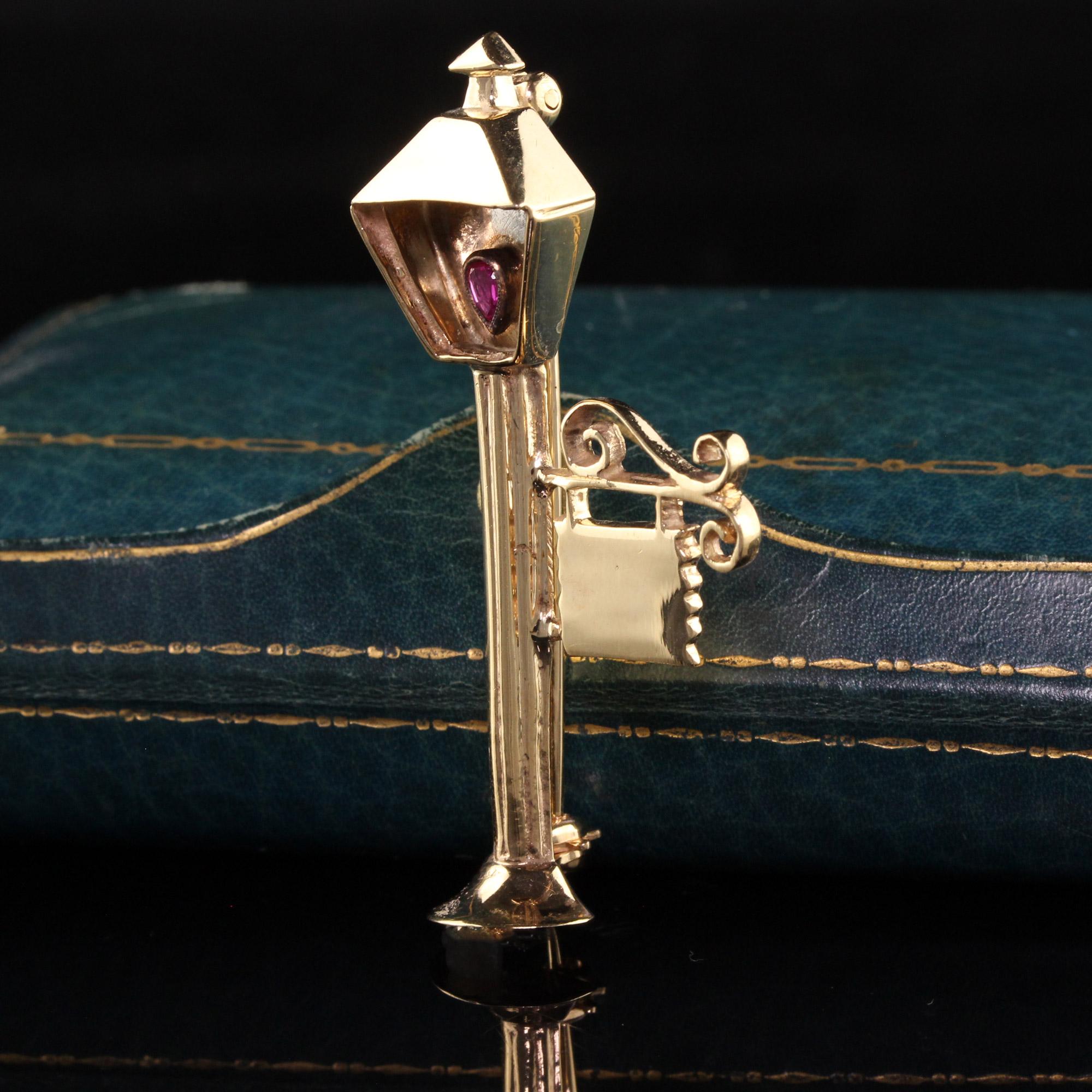 Retro Vintage Estate 14K Yellow Gold English Lamp Post Ruby Pin For Sale