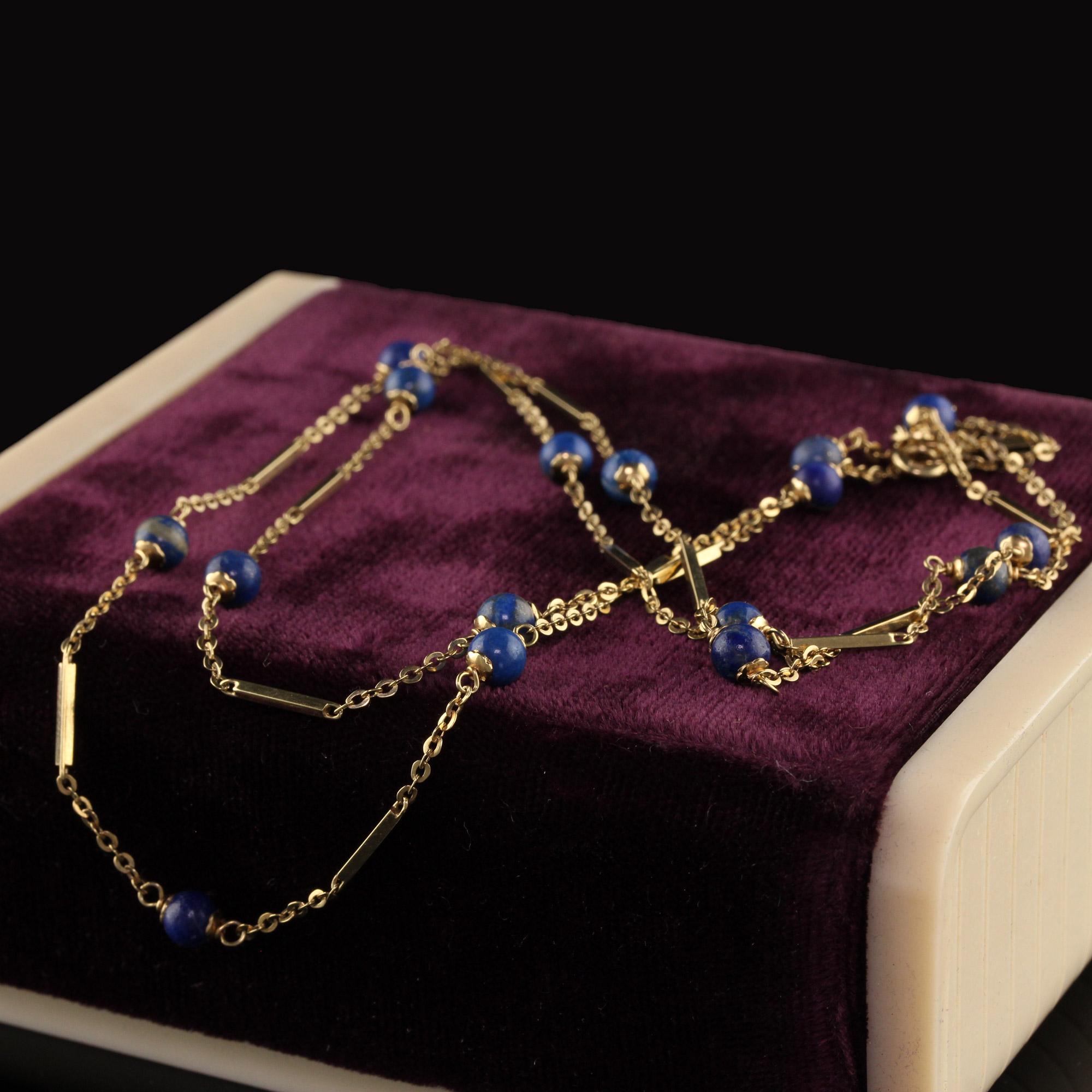 Vintage Estate 14K Yellow Gold Lapis Bar Chain Necklace In Good Condition In Great Neck, NY