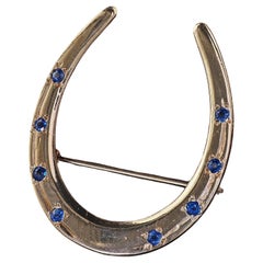Vintage Estate 14K Yellow Gold Natural Sapphire Horseshoe Pin Brooch