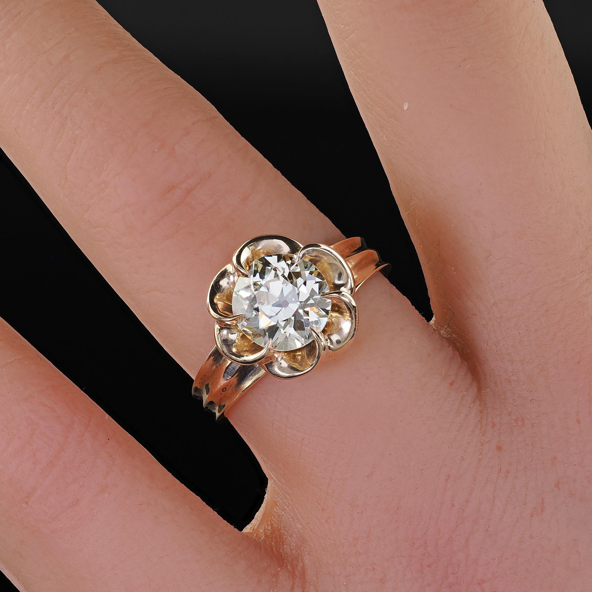 Vintage Estate 14K Yellow Gold Old Euro Cut Diamond Floral Engagement Ring - GIA For Sale 4