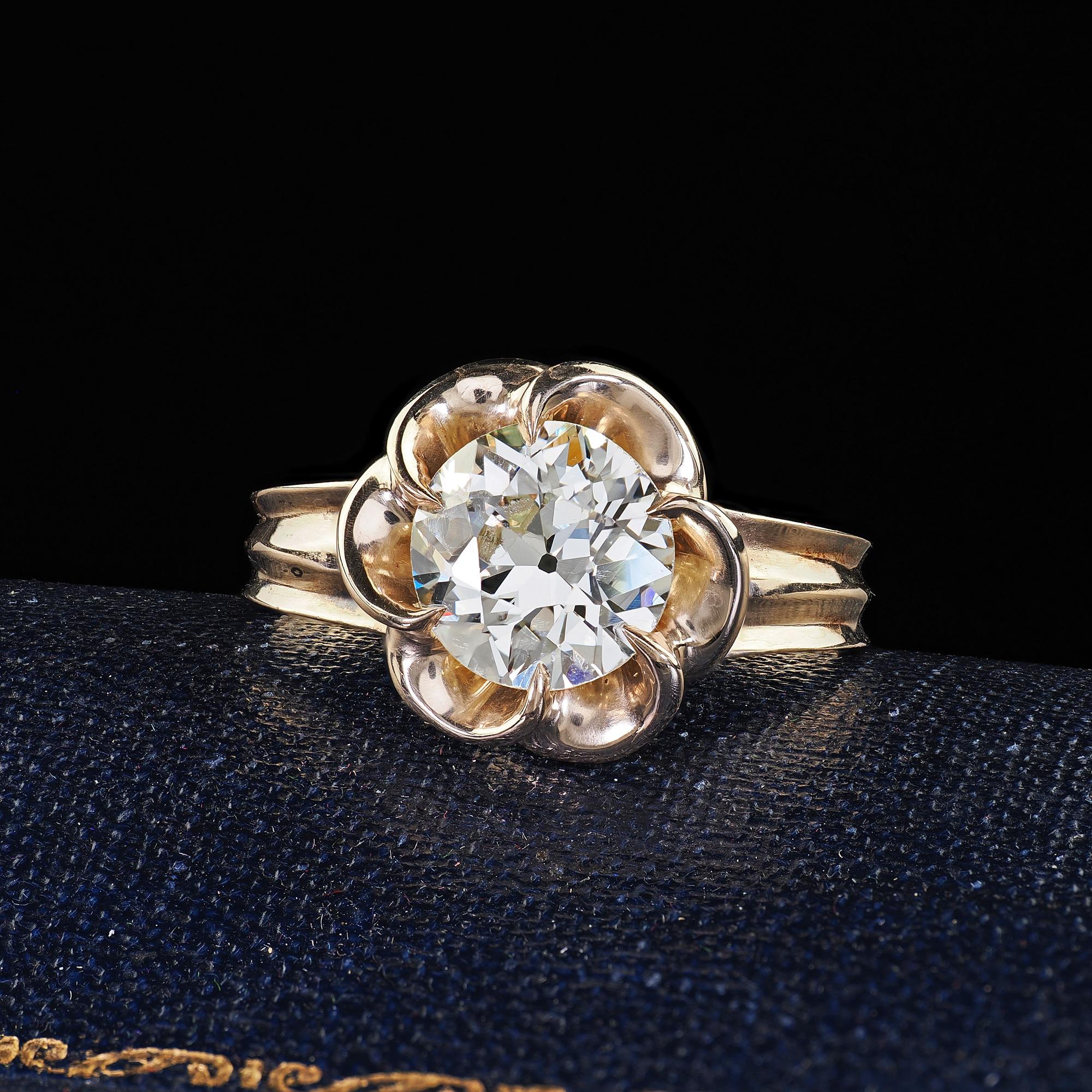 Beautiful Vintage Estate 14K Yellow Gold Old Euro Cut Diamond Floral Engagement Ring - GIA. This beautiful estate old European cut diamond floral engagement ring is crafted in 14k yellow gold. The ring features a bright old European cut diamond that